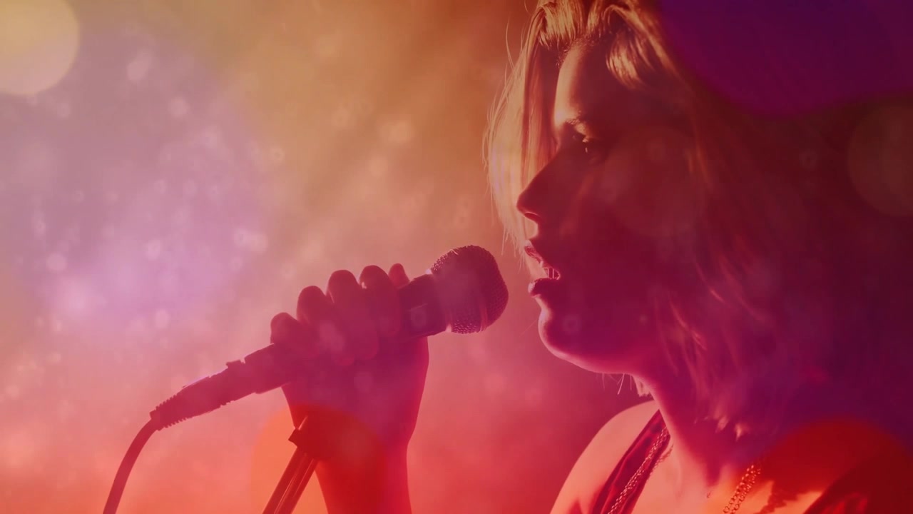 Teen singer performing on music stage, showcasing animated sound waves with microphone and lights