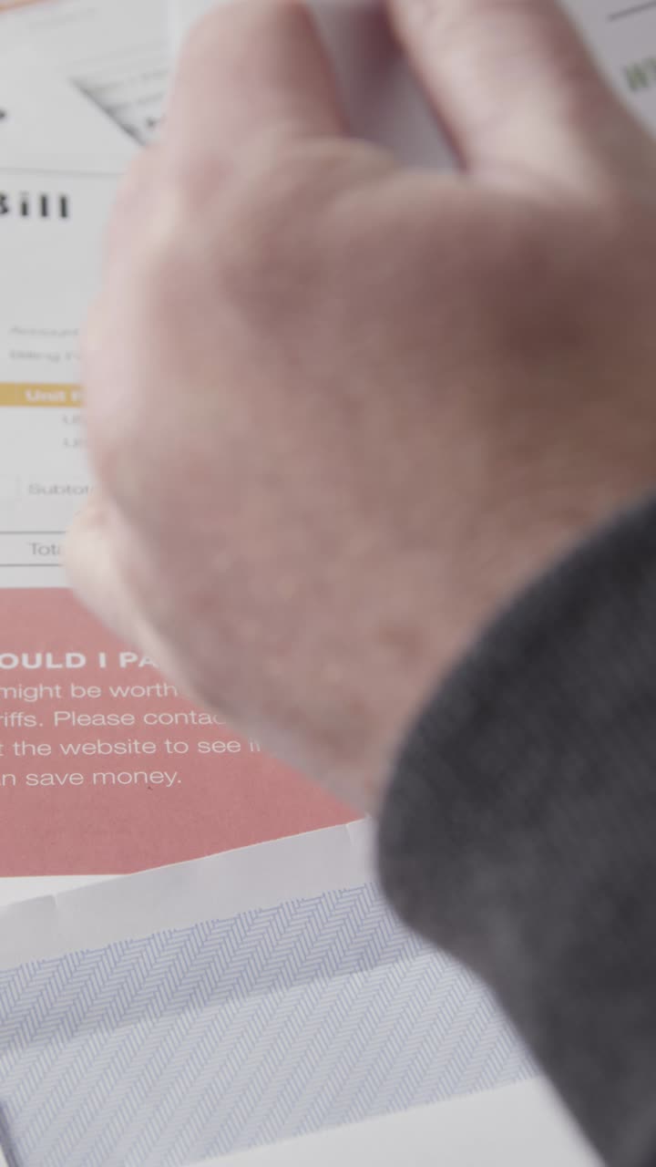 Close Up Vertical Video Of Person Opening US Energy Bill Pile