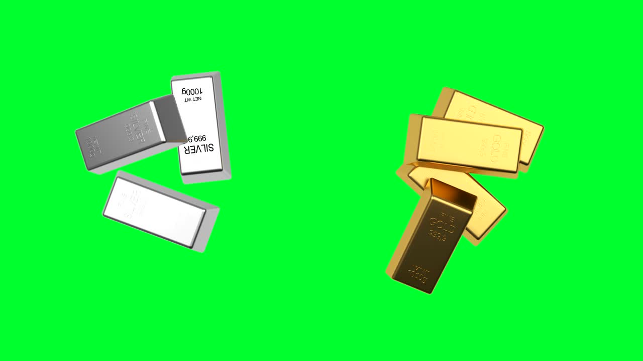 3D animation of rotation of gold and silver bars on a green screen. 4K