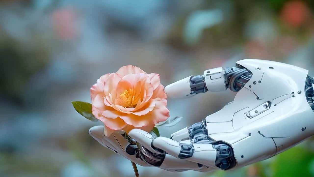 Robot hand holding a rose