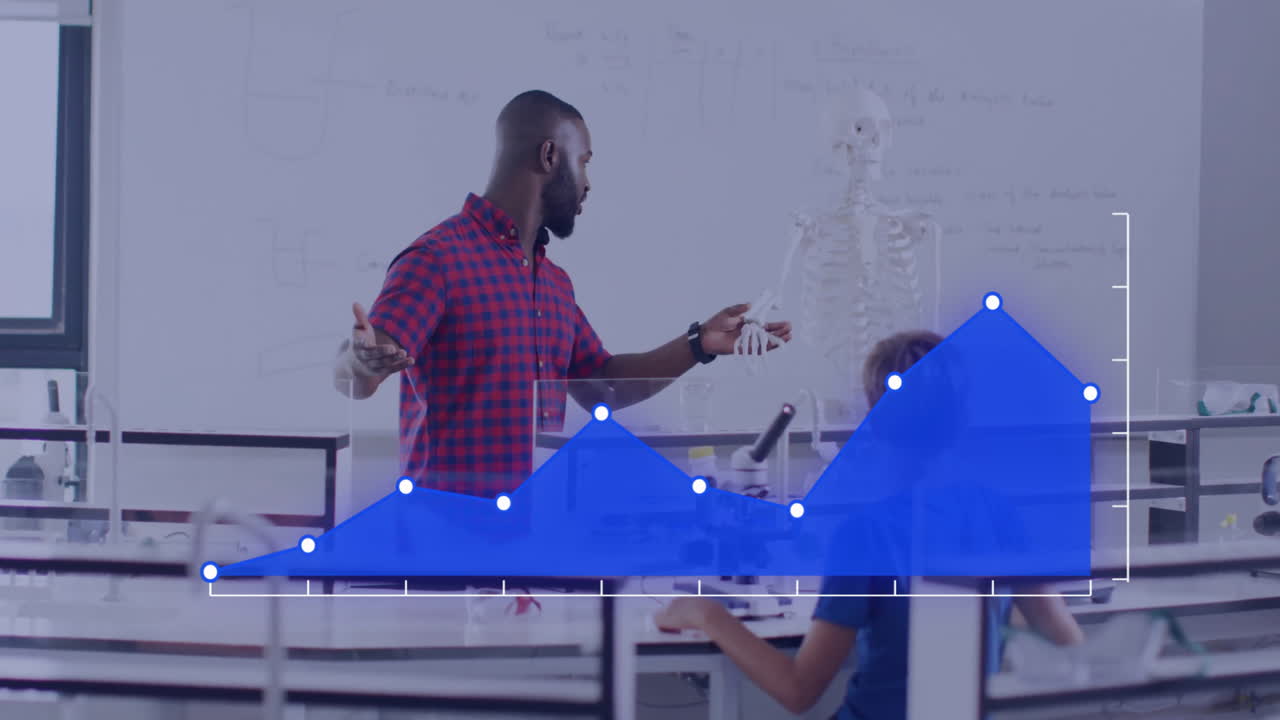 animación del procesamiento de datos sobre diversos escolares y maestros masculinos en el aula