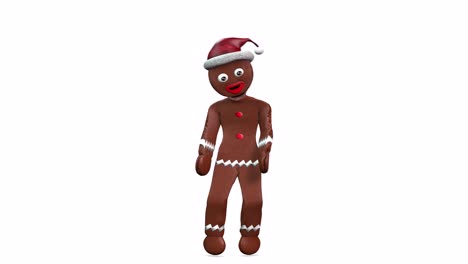 pan de jengibre de navidad con un sombrero de santa y bailando lentamente sobre fondo blanco
