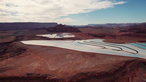 Drone-aerial-flyover-view-of-the-Potash-Ponds-in-Moab,-Utah