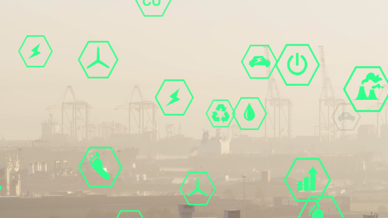 도시 풍경의 공중 전망에 대해 떠다니는 여러 가지 녹색 에너지 아이콘