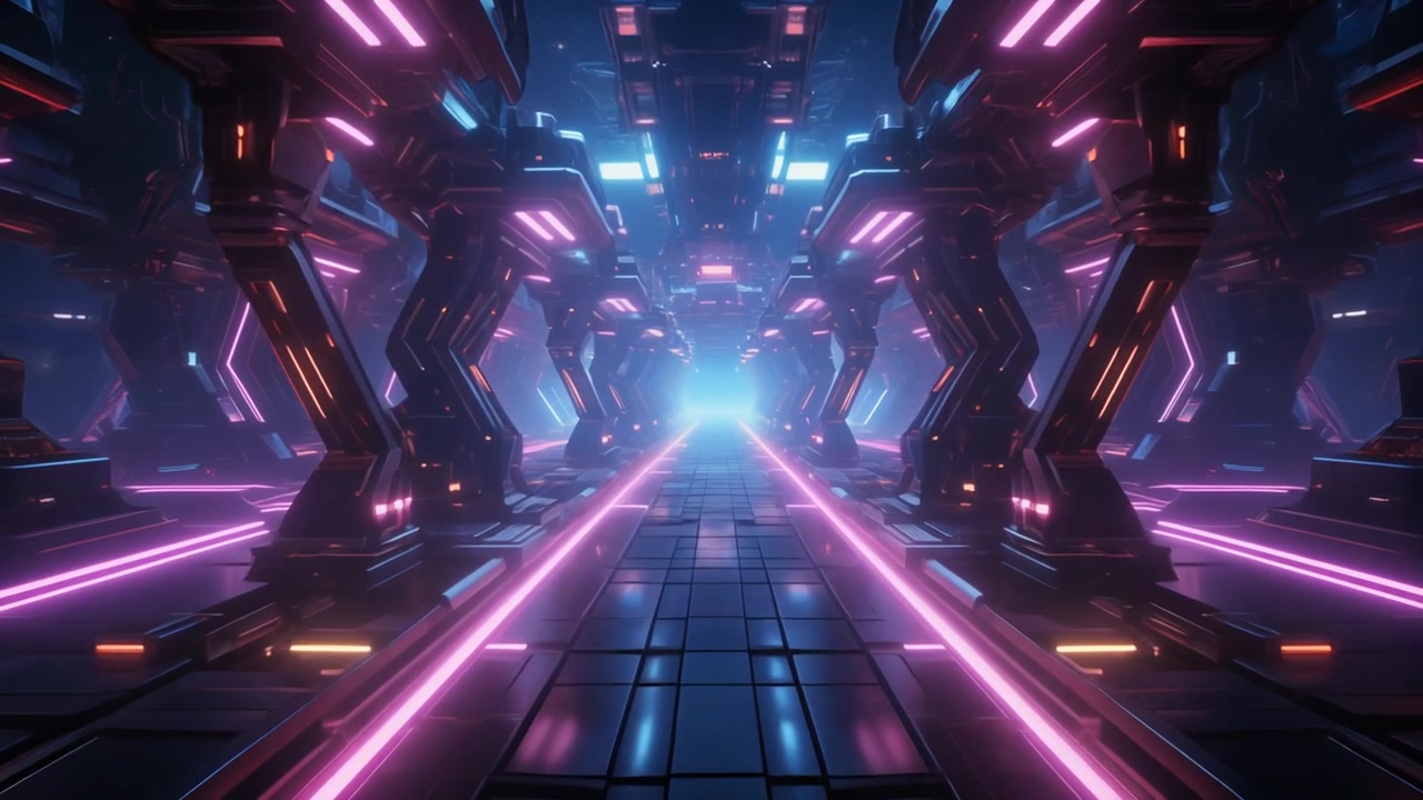 Pasillo de ciencia ficción futurista con luces de neón brillantes