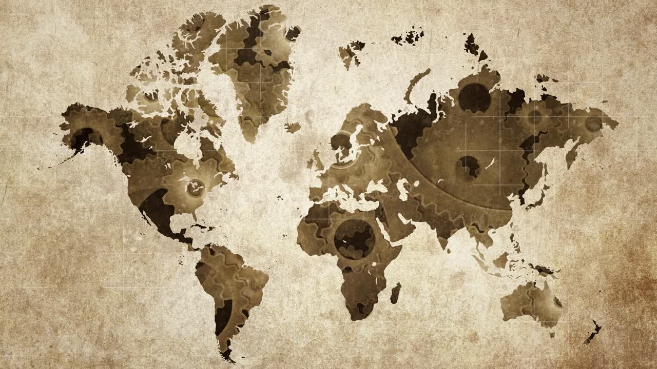 Vintage world map with continents formed by sepia toned mechanical gears and clockwork cogs symbolizing global business and interconnected systems