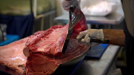 Primer-Plano-En-Cámara-Lenta-De-Un-Chef-Masculino-Cortando-El-Lomo-De-Un-Atún-De-Aleta-Azul-Fresco