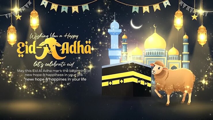 Banner animato artistico per la celebrazione di Eid Al Adha con moschea della Kaaba, pecore, lanterne e decorazioni luminose festive