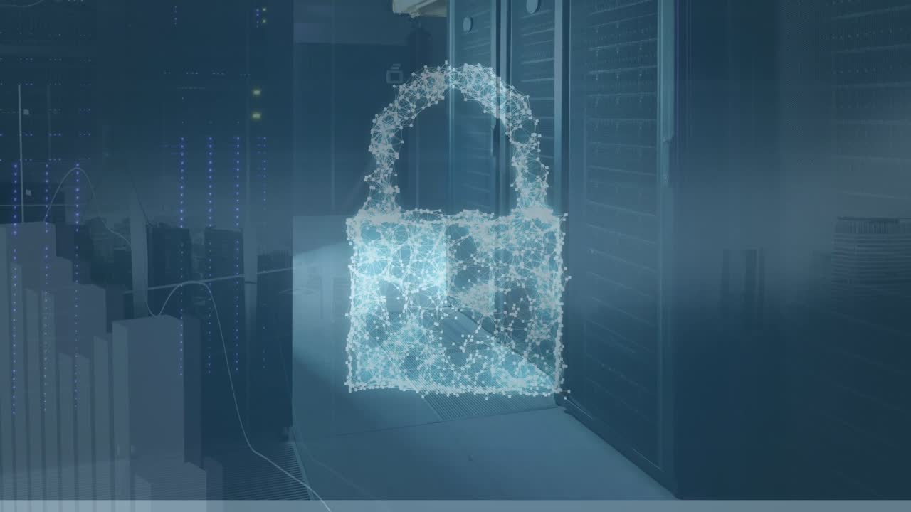 Animation of security padlock, shield and cloud icon and data processing against server room