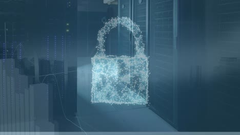 animation of security padlock, shield and cloud icon and data processing against server room