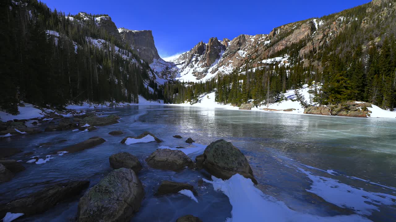 Paesaggio mattutino alpino nel Parco Nazionale delle Montagne Rocciose (RMNP) in Colorado, con il Lago dei Sogni completamente ghiacciato sotto un cielo azzurro e soleggiato. Il sentiero dei laghi Emerald e Bear si snoda tra le montagne Flattop e il Picco Hallett.