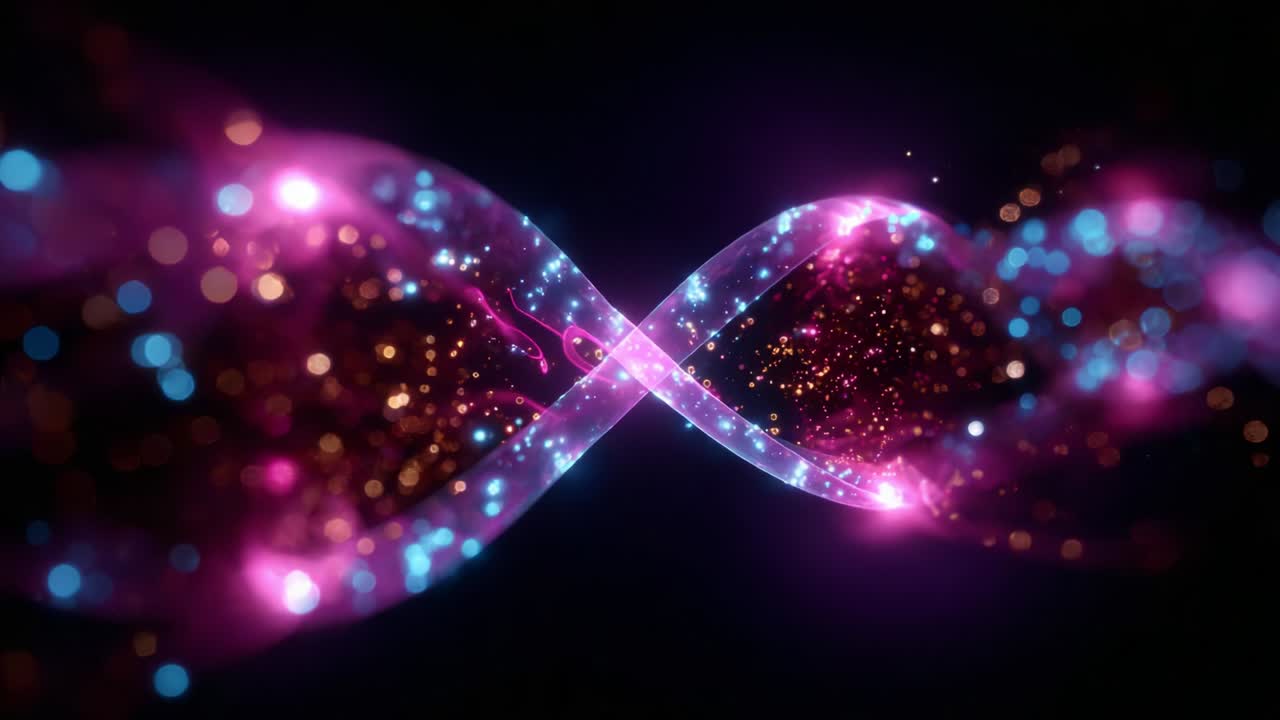 A mesmerizing display of colorful swirling lights creates an elegant infinity symbol, showcasing a captivating fusion of pink and blue hues against a dark background, embodying the essence of energy and motion