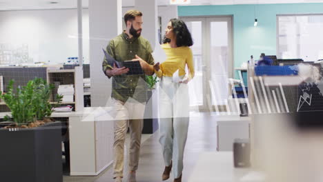 animation of multiple graphs, map over diverse coworkers discussing reports while walking in office