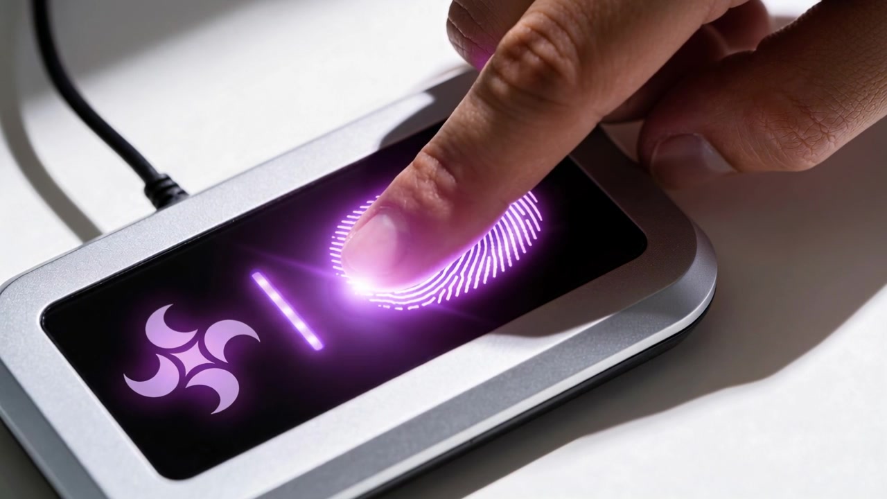 Premendo la punta del dito dopo l'indicazione sullo scanner su un tavolo dimostrativo, mentre il dispositivo mostra una stampa viola e un codice.