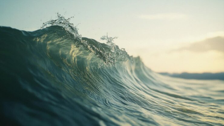 Close-up, low-angle shot of a wave cresting in the ocean, capturing the fluid motion and light