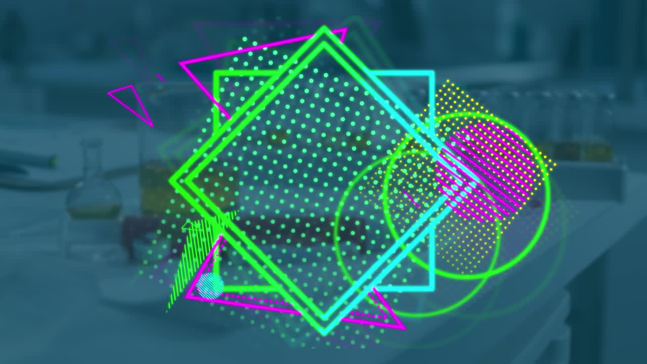 animación de formas coloridas sobre un laboratorio vacío