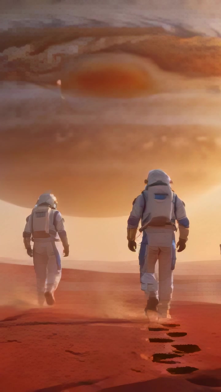 Video verticale: Astronauti in tuta che camminano, lasciando tracce su una pianura rossa, mentre esplorano sotto un gigante gassoso.