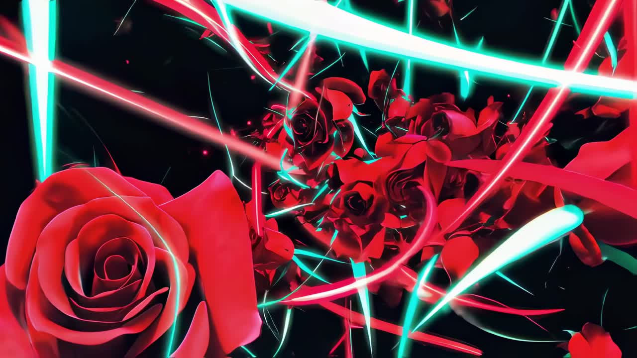 Red roses and light trails rotating and moving on a black background creating a beautiful and romantic visual effect, perfect for Valentine's Day, weddings, or any romantic occasion