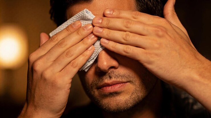 Bringing pad, man covering eyes with both hands in dim room, wearing plaid shirt, soothing eyes
