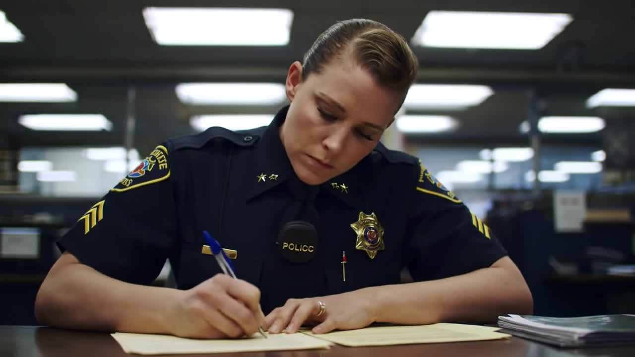 A police sergeant is focused on reviewing information and taking notes at her desk in a busy police station late at night, surrounded by files and documents.