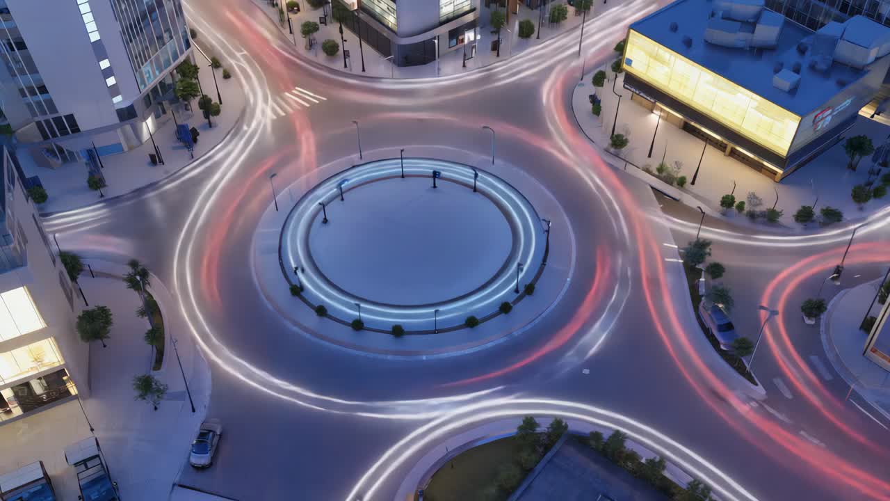 Aerial View of a Modern Roundabout at Night
