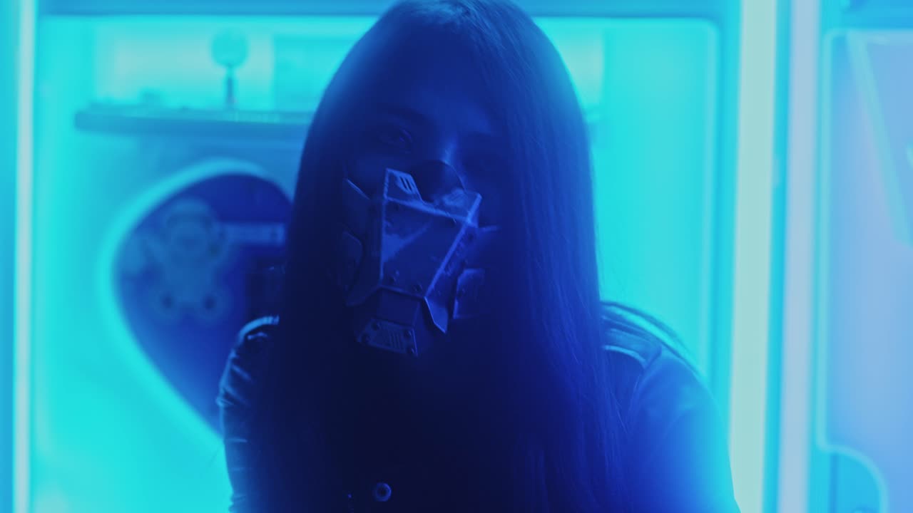Donna con maschera cyberpunk in sala giochi al neon