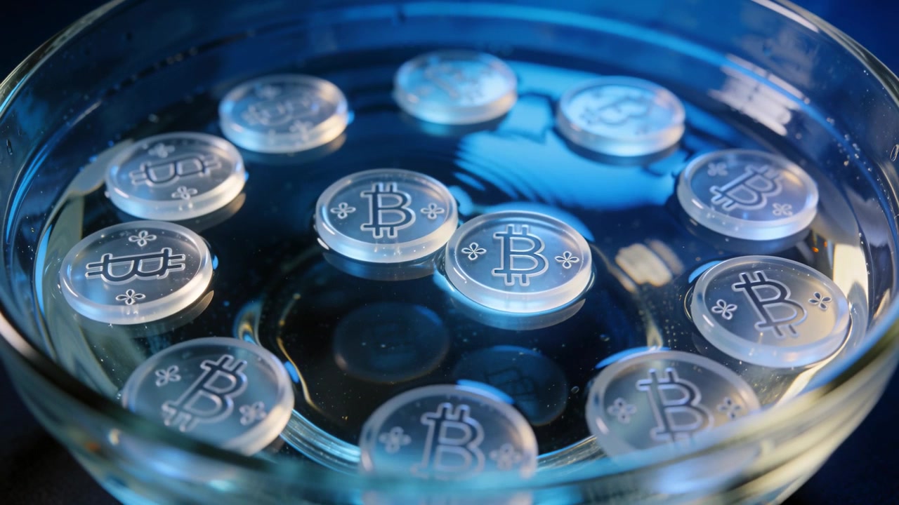 Increspature dopo un tocco, l'acqua in una ciotola di vetro crea onde su una superficie blu, spostando dischi di Bitcoin