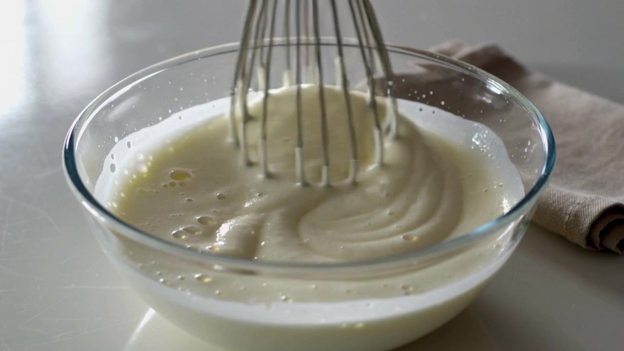 Lowering steel whisk mixing pale batter to combine in glass bowl on kitchen counter with napkin