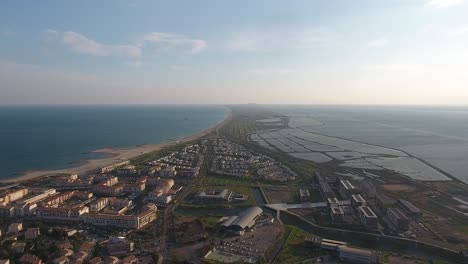 drone view over sete in south of france. medium altitude. sunset time