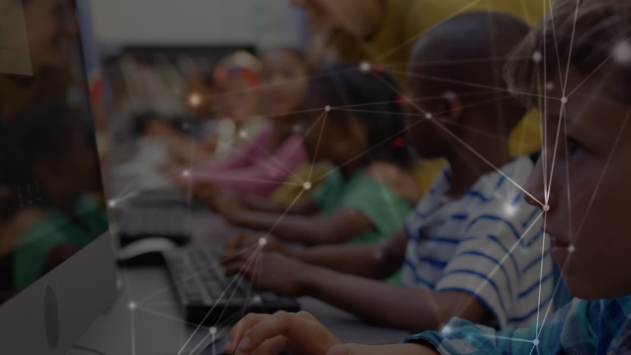 Animation of networks of connections over diverse schoolchildren and teacher in classroom