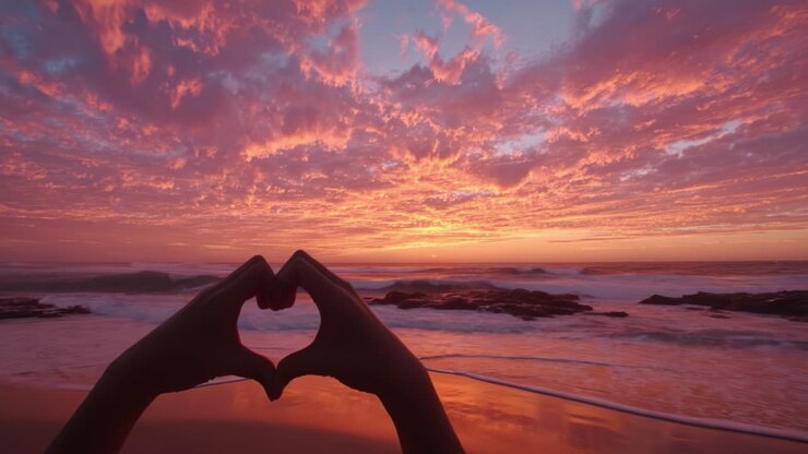 Een prachtige zonsondergang boven de oceaan: een symbool van liefde en verbinding met hartvormige handen die de levendige kleuren van de schemering op het strand omkaderen