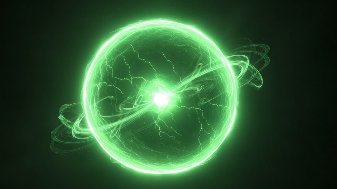 A Glowing Green Energy Sphere Capturing the Essence of Dynamic Forces and Electromagnetic Interactions in a Mysterious Cosmic Environment