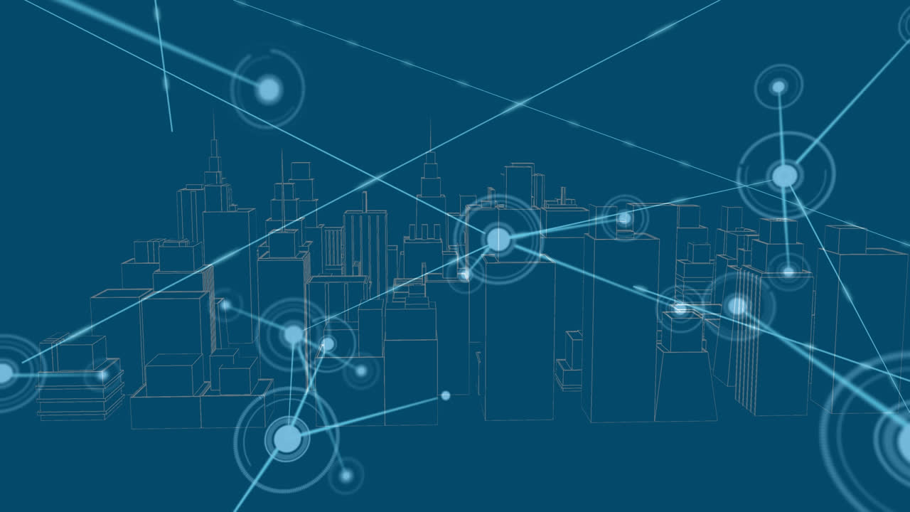 Animation of network of connections and data processing over city on blue background