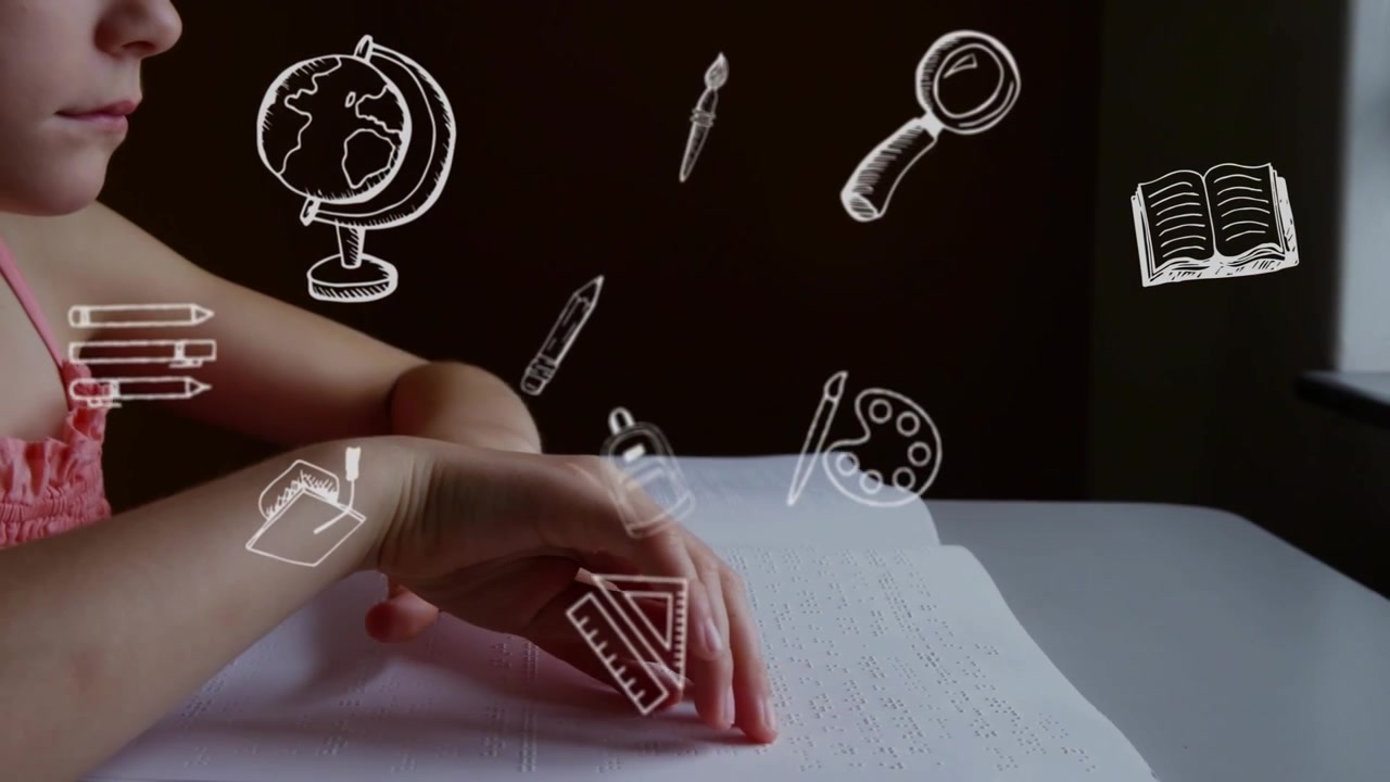 Ragazza che traccia il Braille su una pagina, generando icone educative fluttuanti e girando le pagine mentre legge.