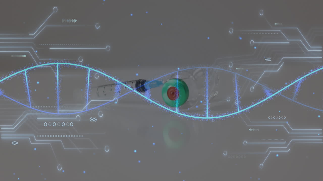 Animation of dna strand diagrams and network over syringe with needle