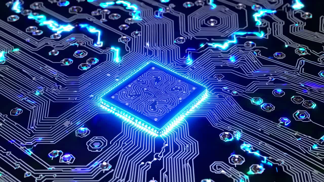 Ovenfra-perspektiv af et glødende blåt printkort, der viser indviklede elektroniske baner.