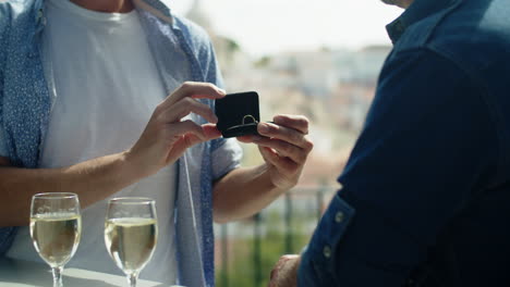 slider shot of homosexual man proposing to lover outdoors