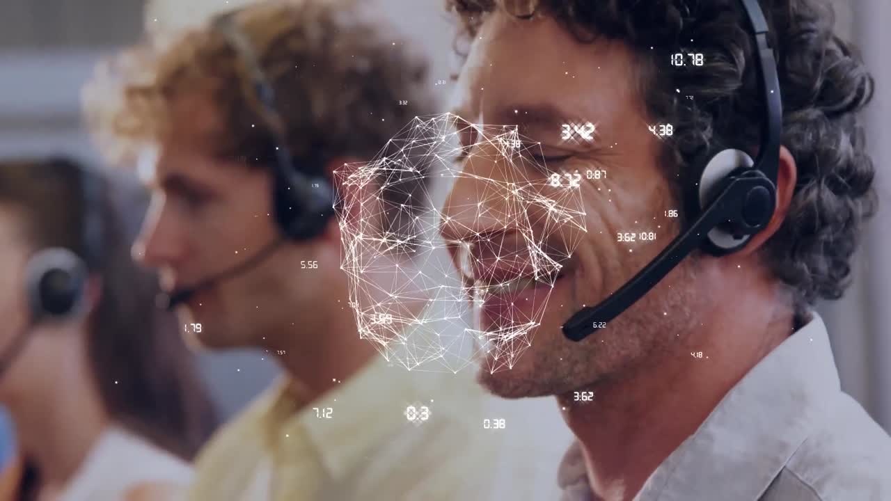 Animation of globe with network of connections over diverse business people wearing phone headsets