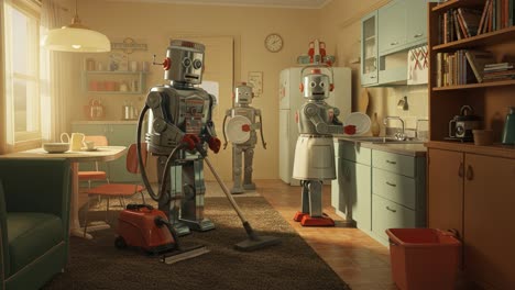 a cozy home scene featuring vintage robots engaged in household chores, showcasing the blend of technology and daily life in a warm kitchen environment