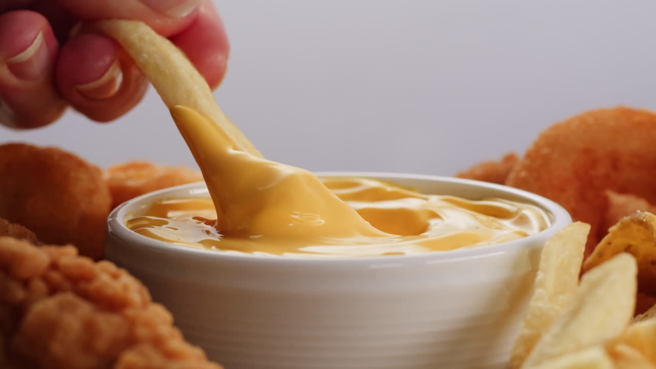 Hand Dipping French Fries in Cheese Sauce with Other Food