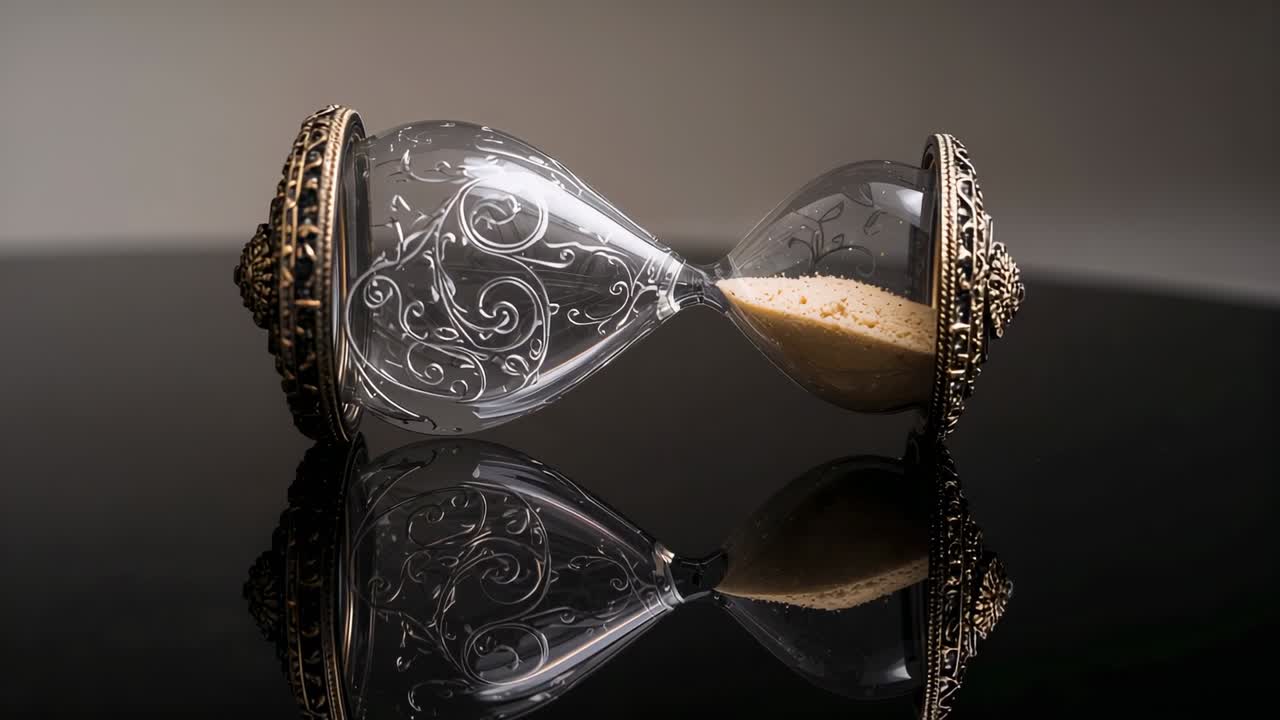 Lighting shifting across decorative hourglass on black table, highlighting intricate metal filigree