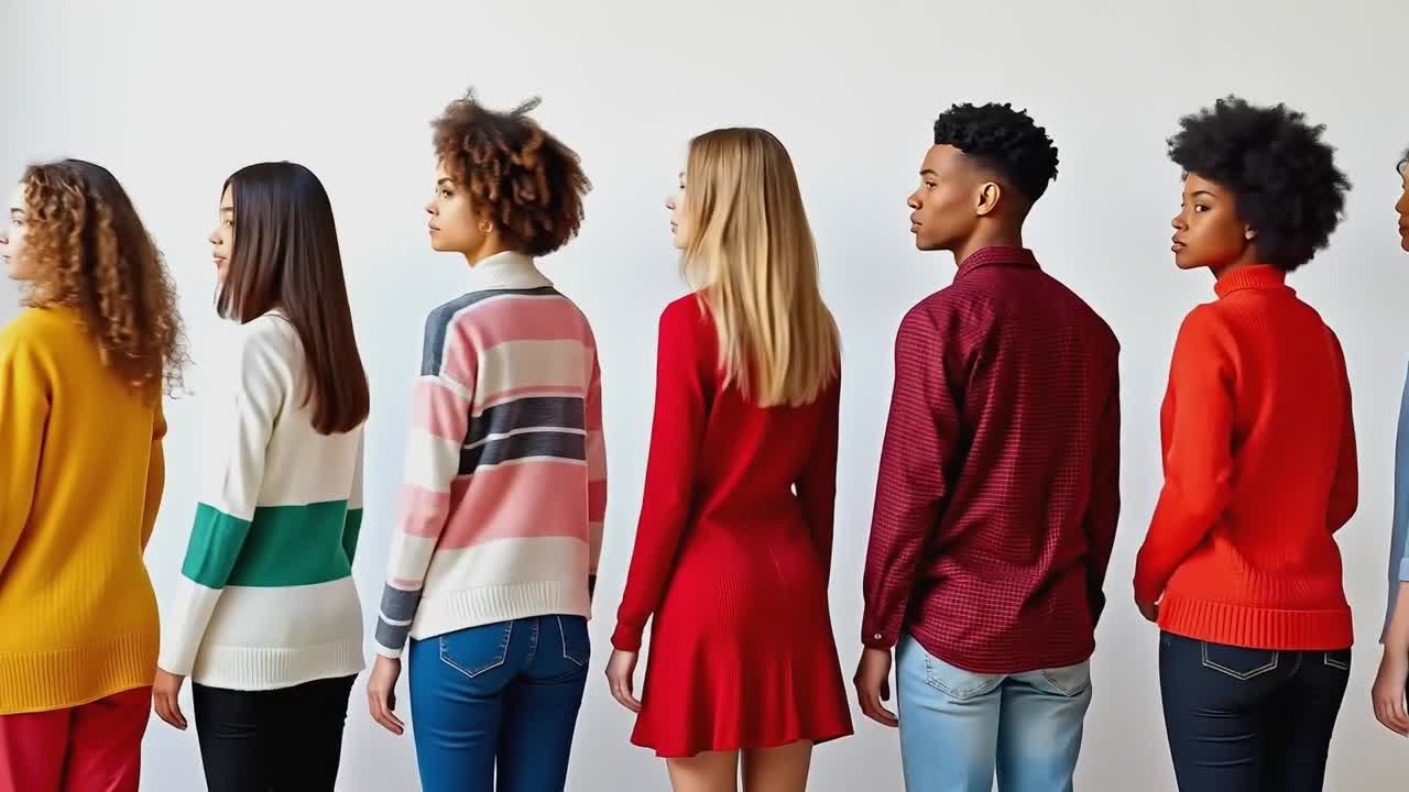 A group of people standing in a line wearing different colored sweaters