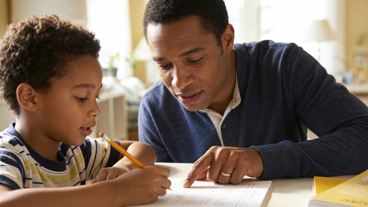 Pointing dad guiding child writing on worksheet at home table, yellow pencil helping with homework