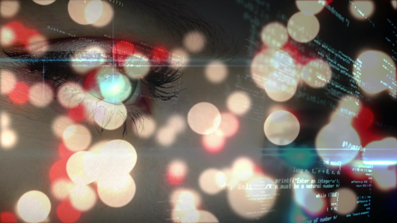 Animation of snow falling over christmas lights on black background