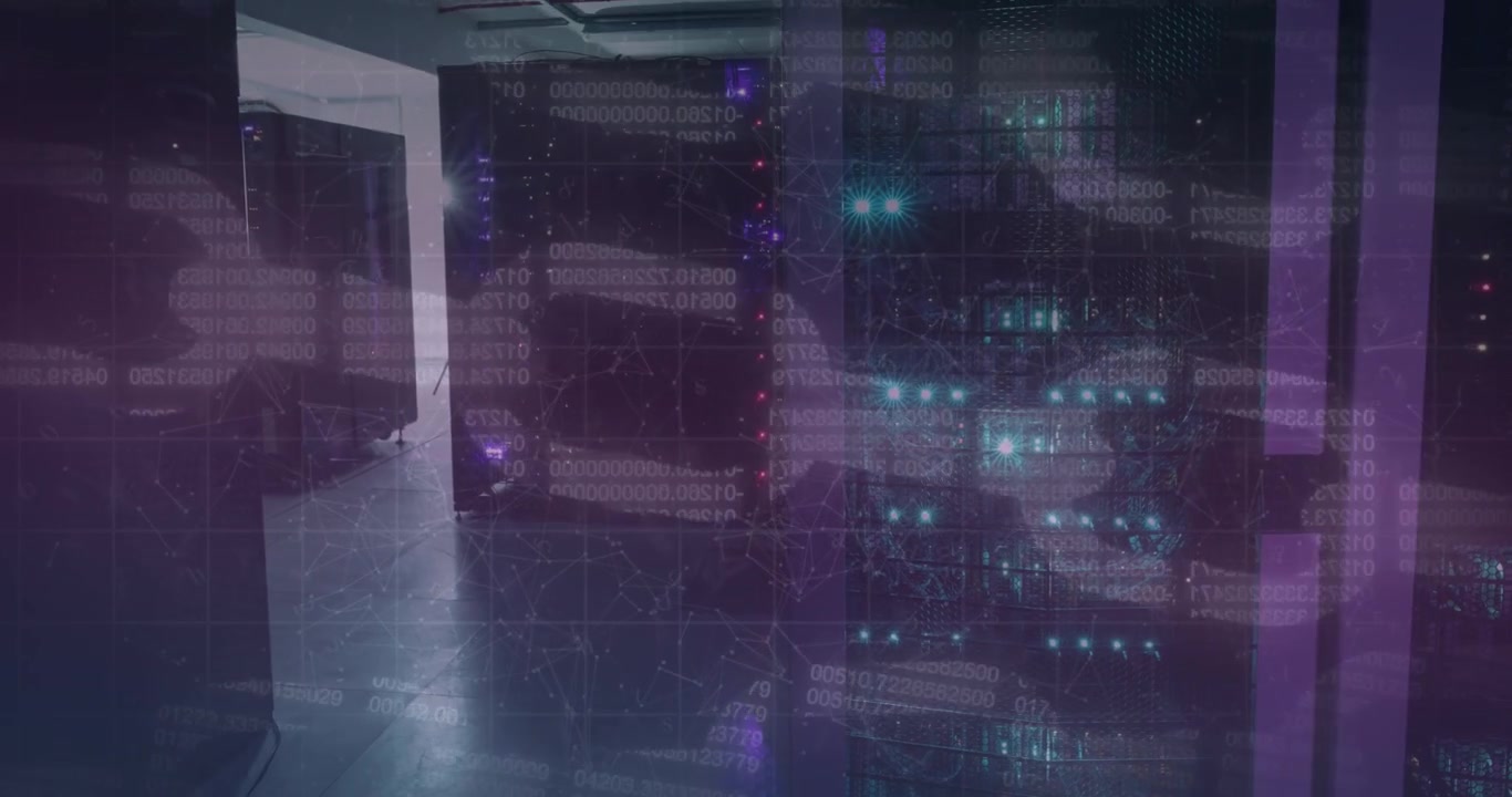 Animation of chain of binary data processing over computer server room
