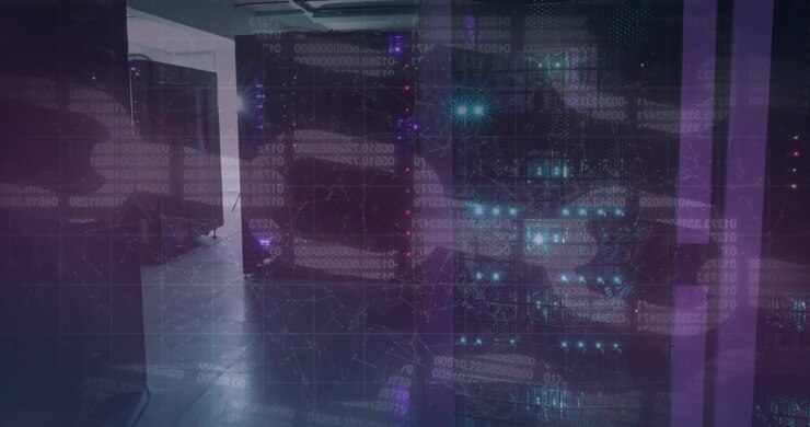 Animation of chain of binary data processing over computer server room