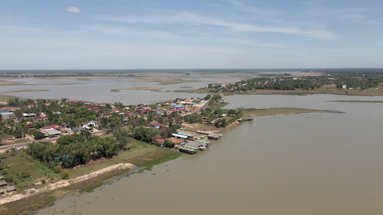 Aerial view of low wetland town of Prey Pros in Cambodia, SE Asia