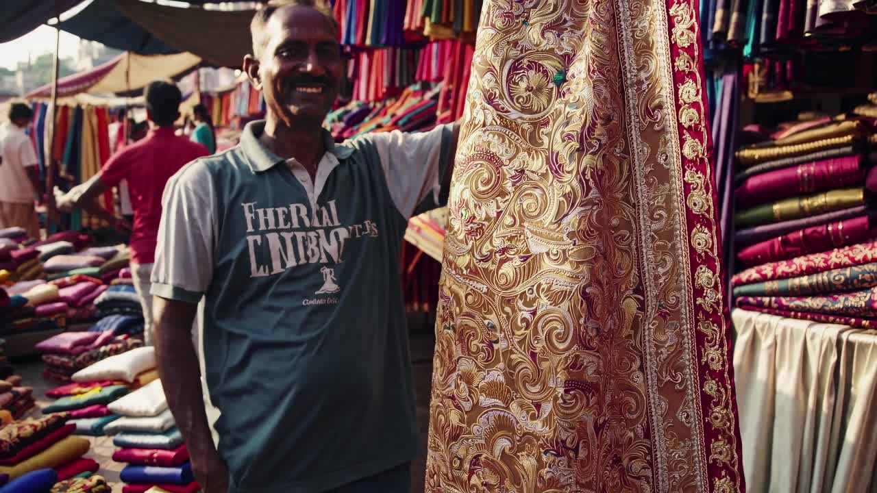 A vibrant market scene with a man showcasing colorful fabrics. Shot from a low angle