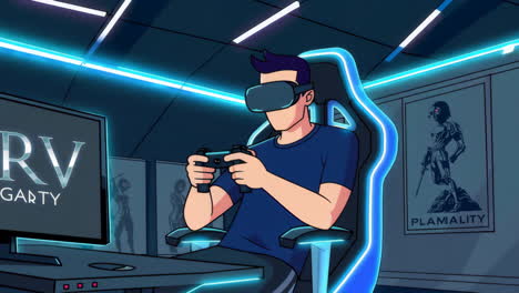 man playing virtual reality game in a futuristic setting