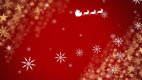 Animation-of-snowflakes-over-santa-claus-in-sleigh-pulled-by-reindeers-against-red-background